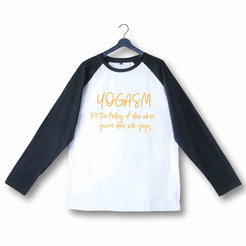 YogaPuns Fitness Wordplay Yoga YOGASM Custom Printed Graphic Design Raglan T-Shirt for Women